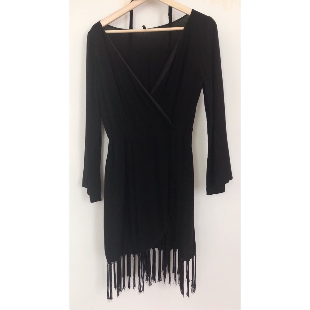 Peppermint black fringe faux wrap dress